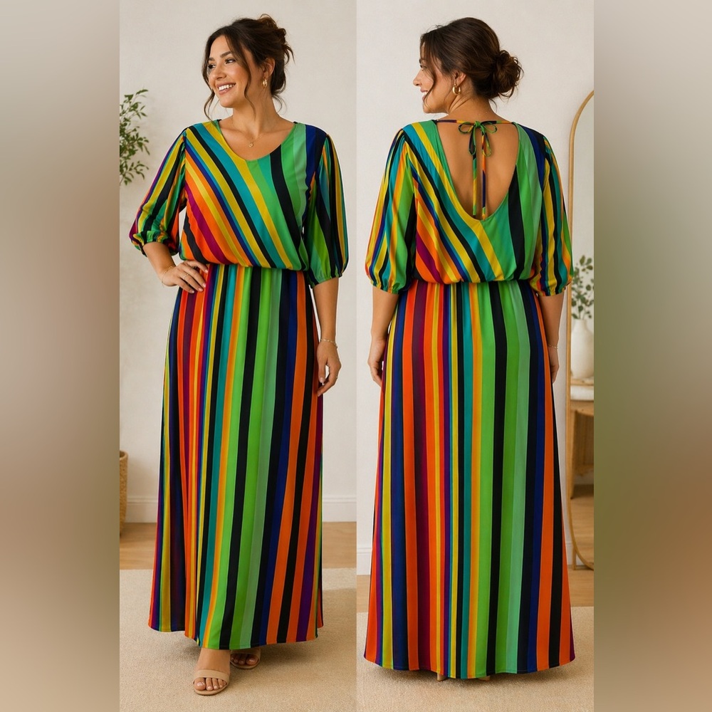 Eloquii Rainbow Stripe Maxi Dress Size 18 Open Back Halter Tie - Picture 1 of 6
